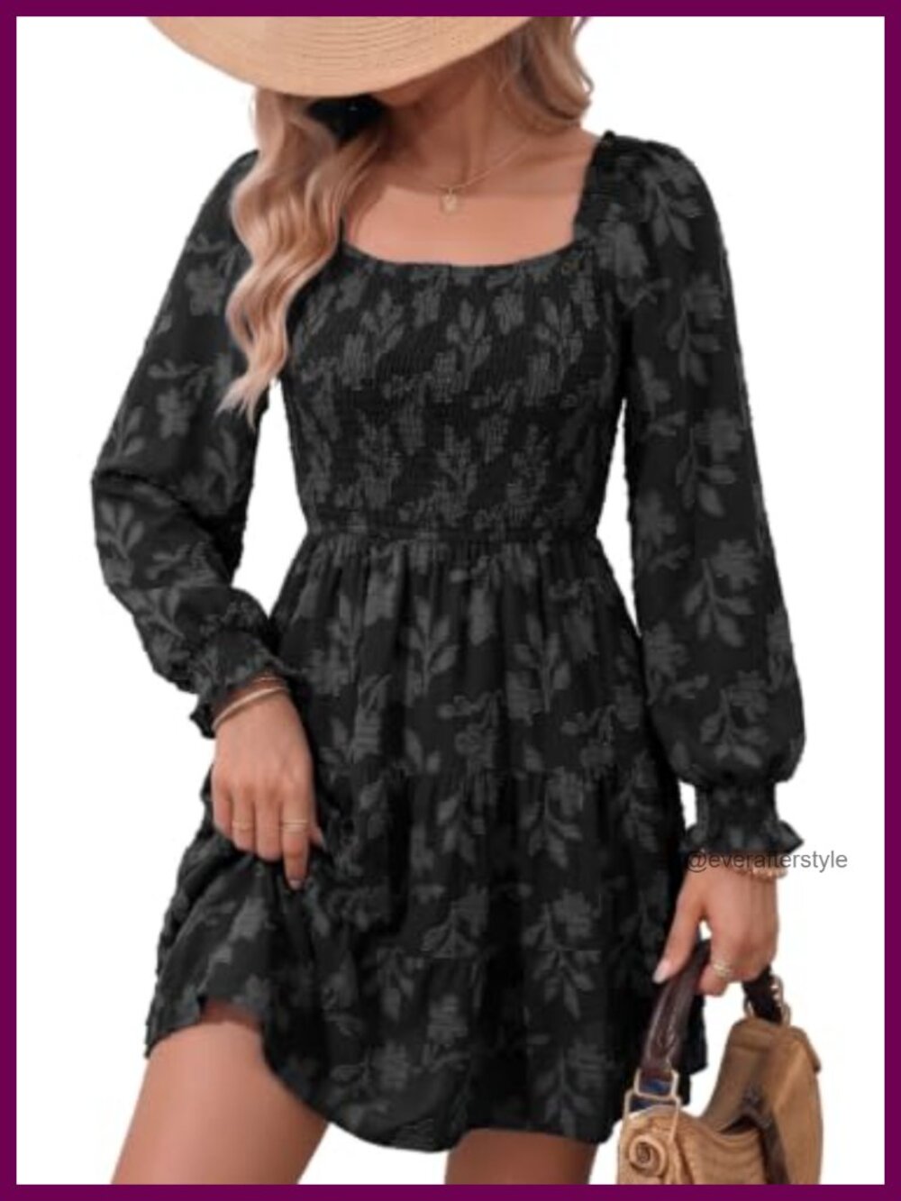 Women's Long Sleeve Square Neck Smocked Floral Burnout Tiered Mini Dress